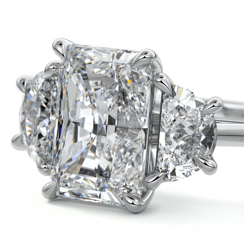 White gold Three-Stone Radiant Diamond Ring with Half Moon Side Stones
