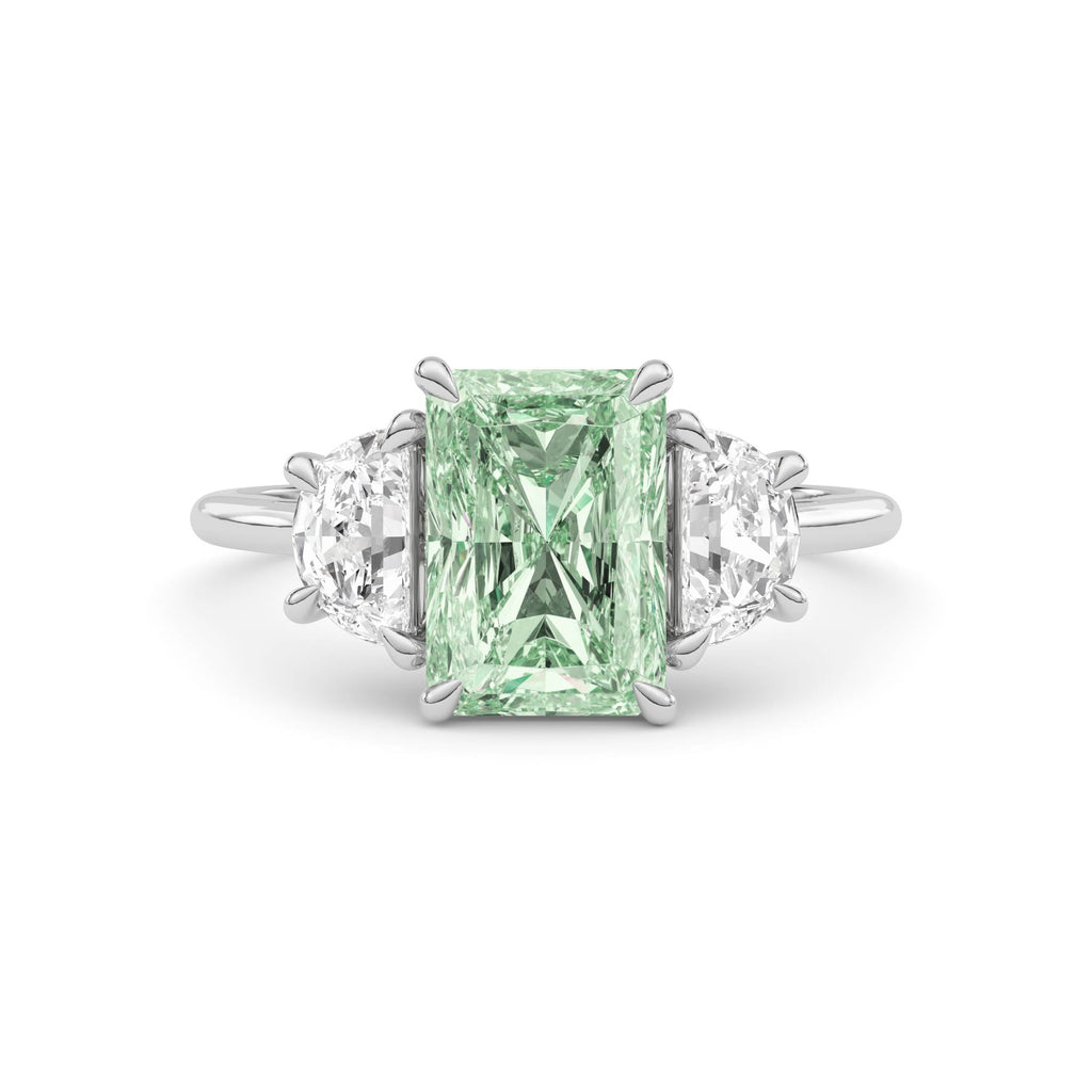 White gold Three-Stone Fancy Green Radiant Cut Diamond Ring with Half Moon Side Stones