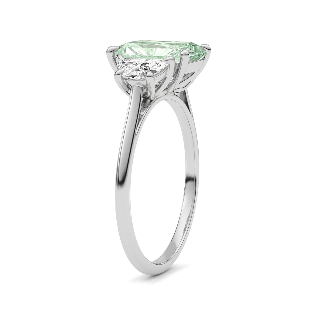 White gold Three-Stone Fancy Green Radiant Cut Diamond Ring with Half Moon Side Stones