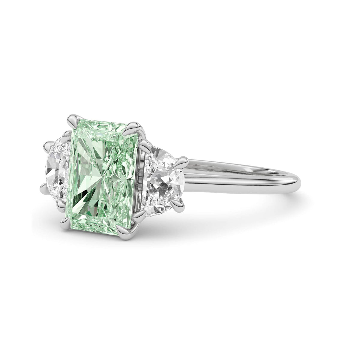 White gold Three-Stone Fancy Green Radiant Cut Diamond Ring with Half Moon Side Stones