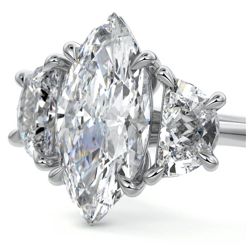 White gold Three-Stone Marquise Diamond Ring with Half Moon Side Stones