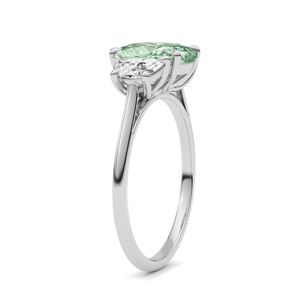 White gold Three-Stone Fancy Green Cushion Cut Diamond Ring with Half Moon Side Stones