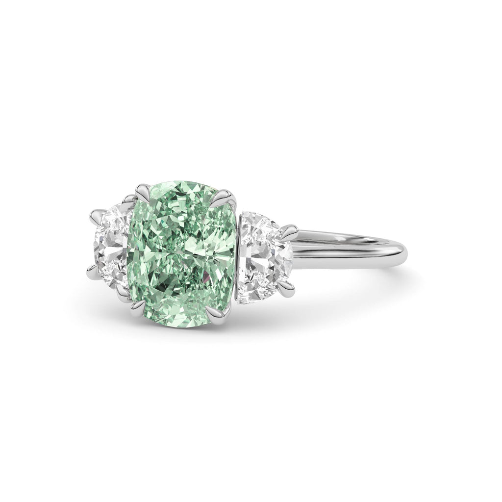White gold Three-Stone Fancy Green Cushion Cut Diamond Ring with Half Moon Side Stones