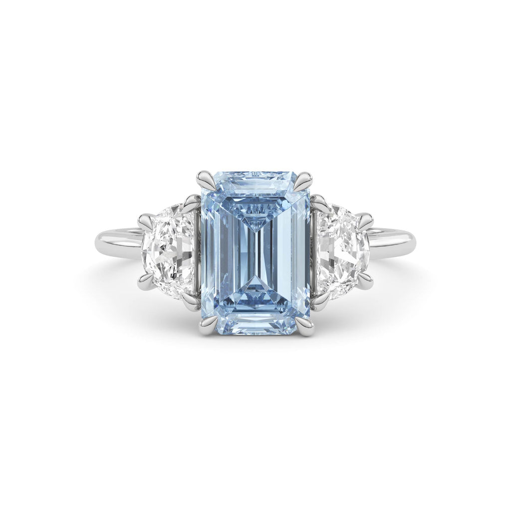 Silver Three-Stone Fancy Blue Emerald Cut Diamond Ring with Half Moon Side Stones