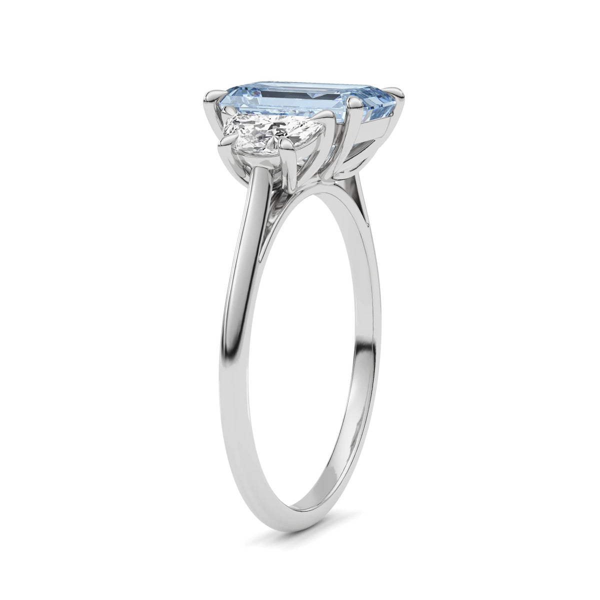 Silver Three-Stone Fancy Blue Emerald Cut Diamond Ring with Half Moon Side Stones