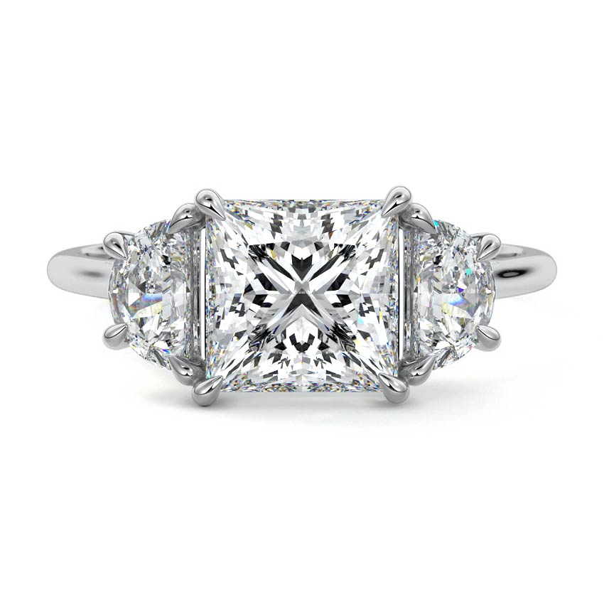 Silver Three-Stone Princess Diamond Ring with Half Moon Side Stones
