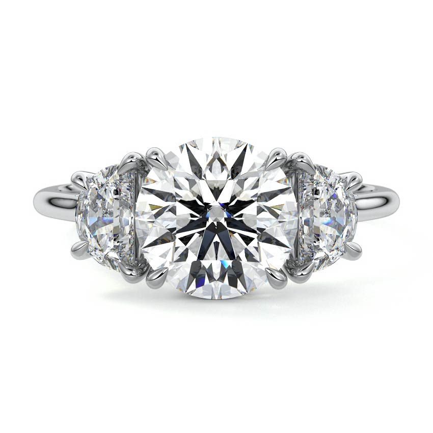 Platinum Three-Stone Round Diamond Ring with Half Moon Side Stones