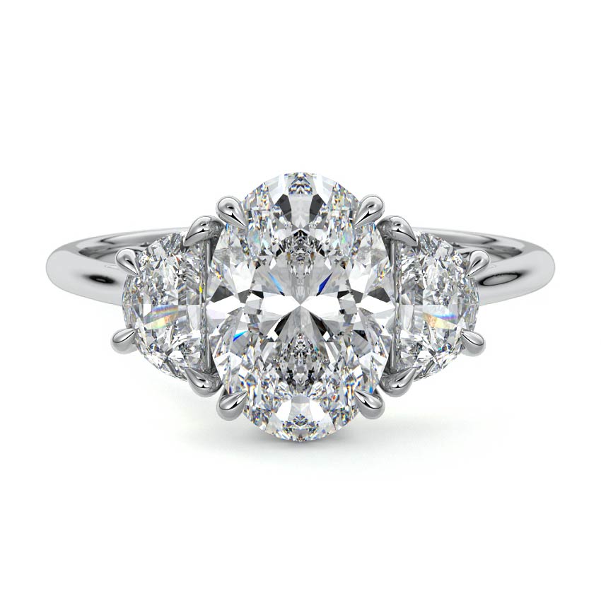Platinum Three-Stone Oval Diamond Ring with Half Moon Side Stones