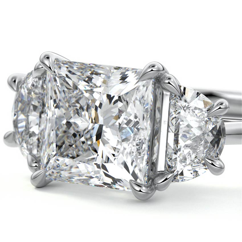 Platinum Three-Stone Princess Diamond Ring with Half Moon Side Stones