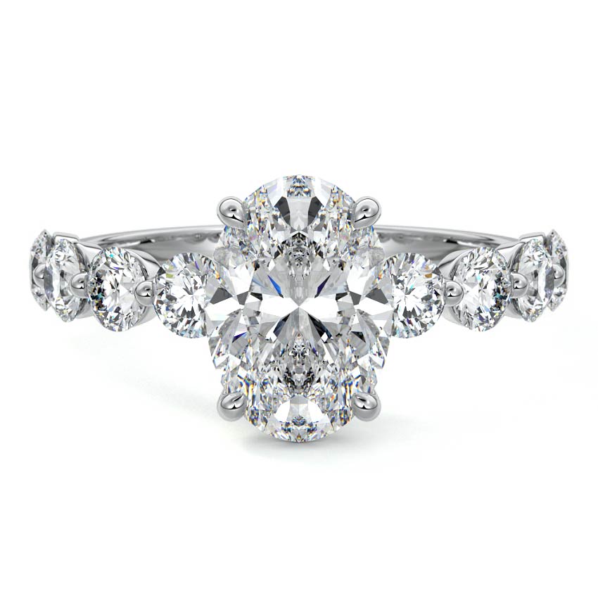 Silver Oval Solitaire Diamond Engagement Ring with Graduated Round Side Stones