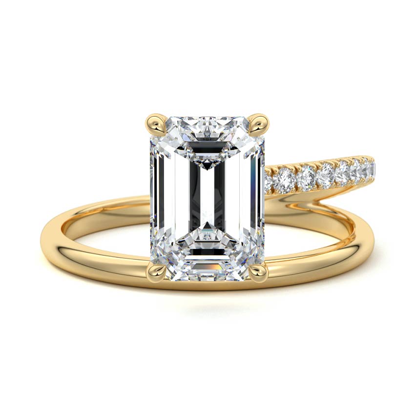 Yellow gold Emerald Solitaire Diamond Engagement Ring with Twisted Split Shank and Pave Band