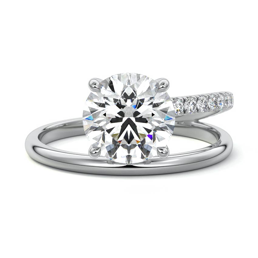 Platinum Round Solitaire Diamond Engagement Ring with Twisted Split Shank and Pave Band