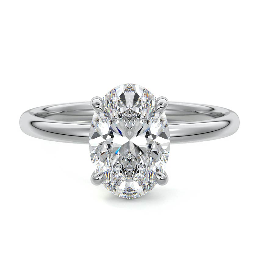 Silver Oval Diamond Solitaire Engagement Ring with Hidden Halo