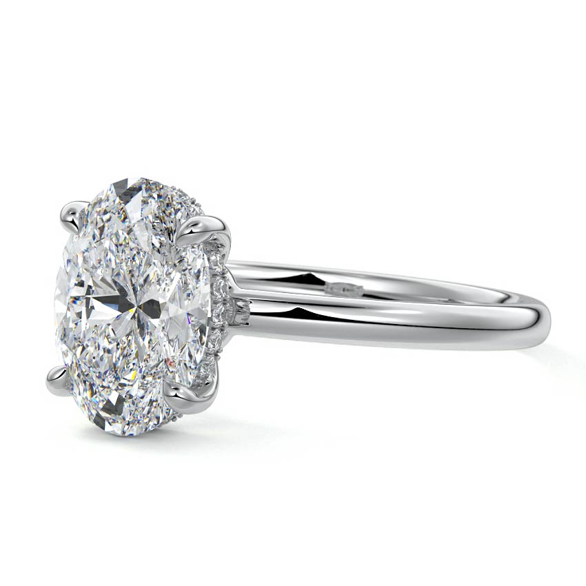 Silver Oval Diamond Solitaire Engagement Ring with Hidden Halo