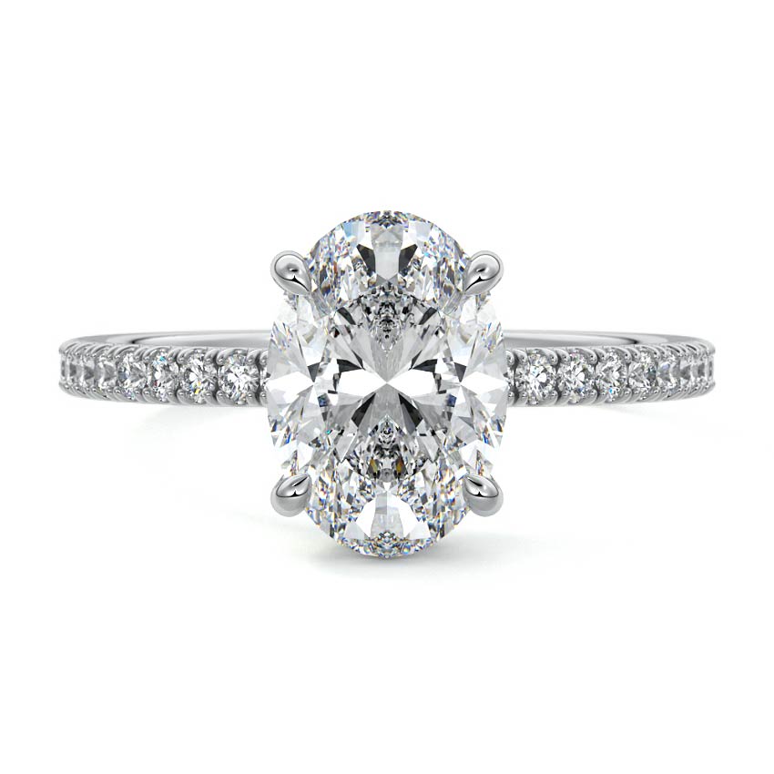White gold Oval Diamond Engagement Ring with Pavé Band and Hidden Halo