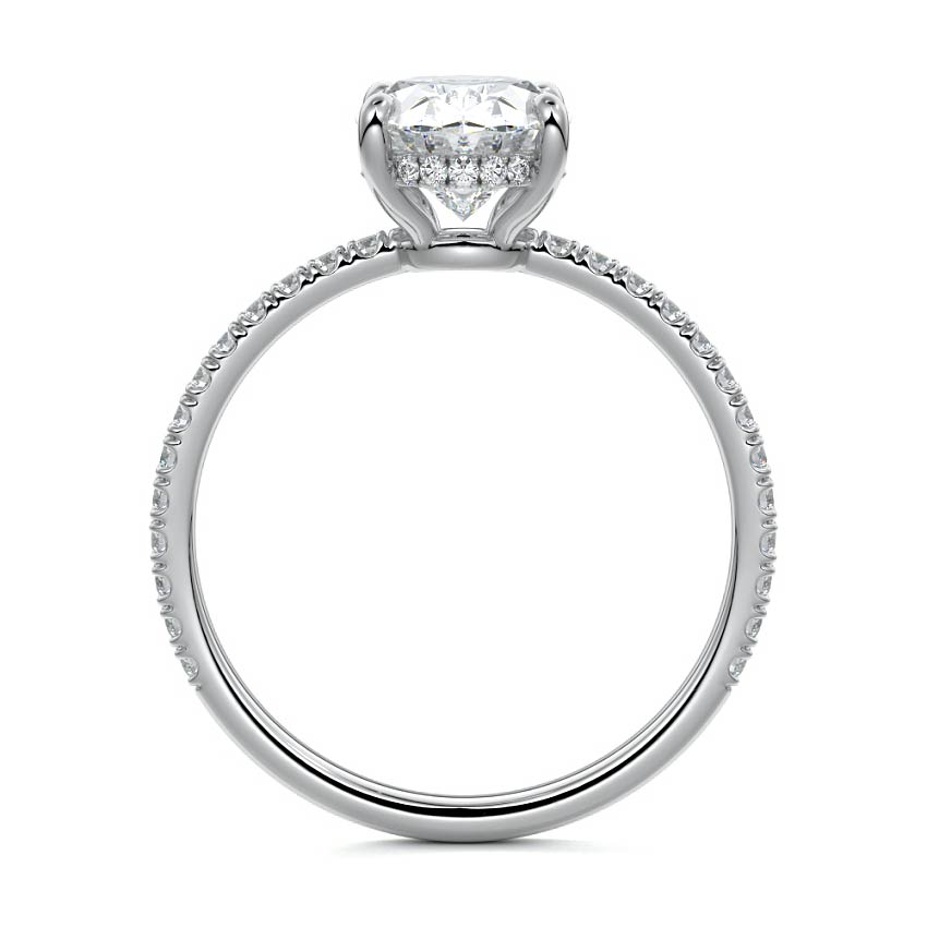 White gold Oval Diamond Engagement Ring with Pavé Band and Hidden Halo