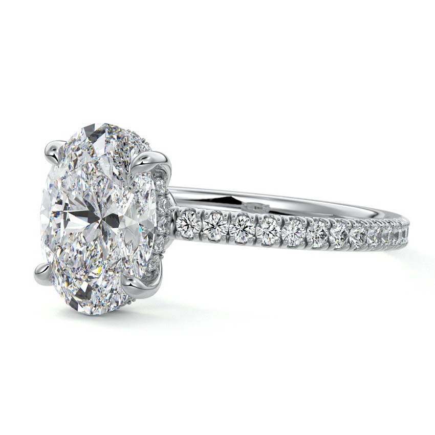 White gold Oval Diamond Engagement Ring with Pavé Band and Hidden Halo