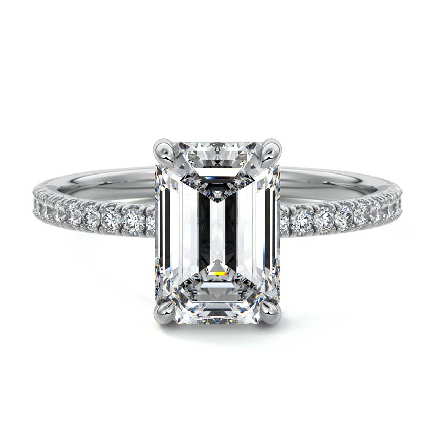 White gold Emerald Diamond Engagement Ring with Pavé Band and Hidden Halo