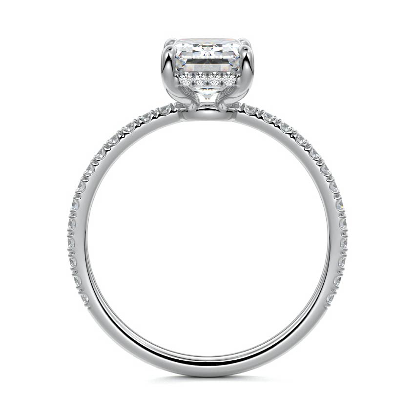 White gold Emerald Diamond Engagement Ring with Pavé Band and Hidden Halo