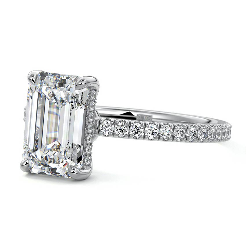 White gold Emerald Diamond Engagement Ring with Pavé Band and Hidden Halo