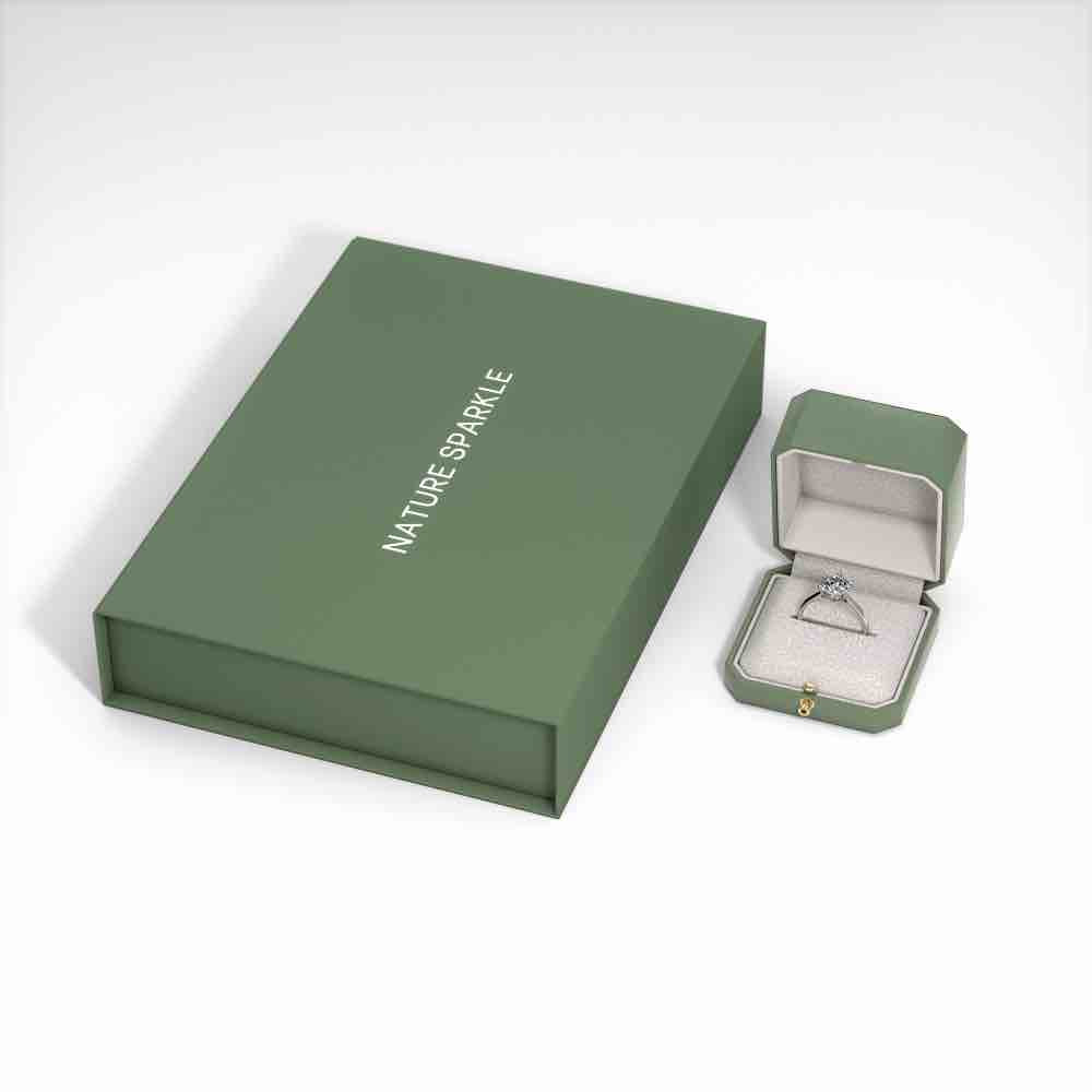 White gold Emerald Diamond Engagement Ring with Pavé Band and Hidden Halo