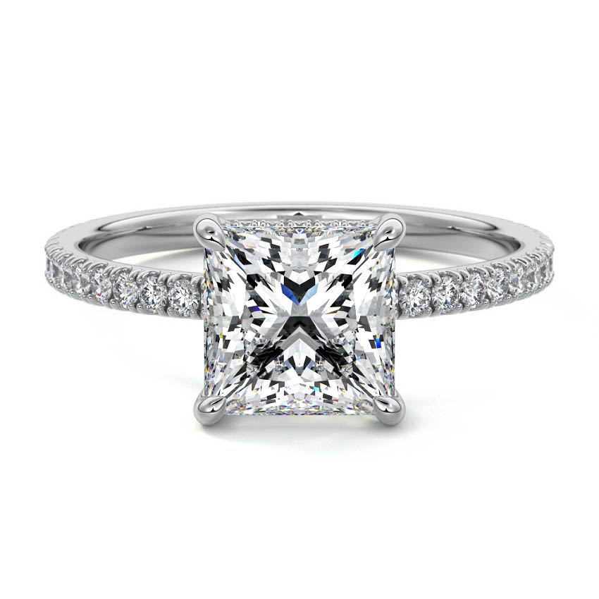 Platinum Princess Diamond Engagement Ring with Pavé Band and Hidden Halo