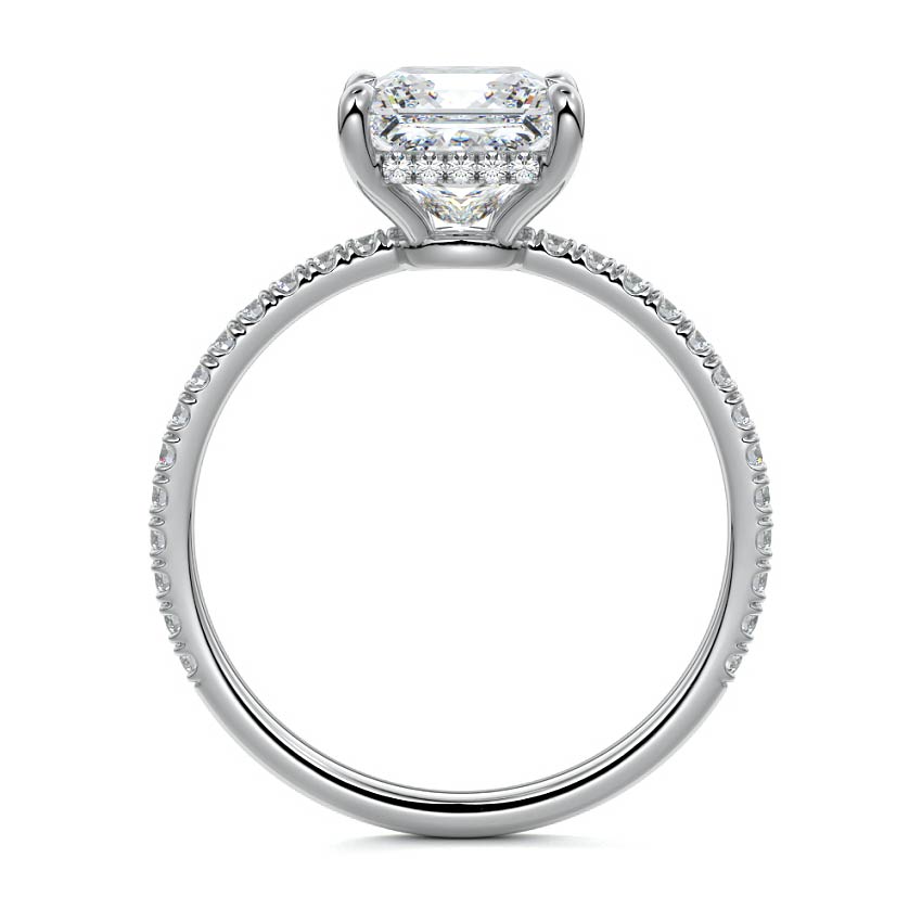 Platinum Princess Diamond Engagement Ring with Pavé Band and Hidden Halo