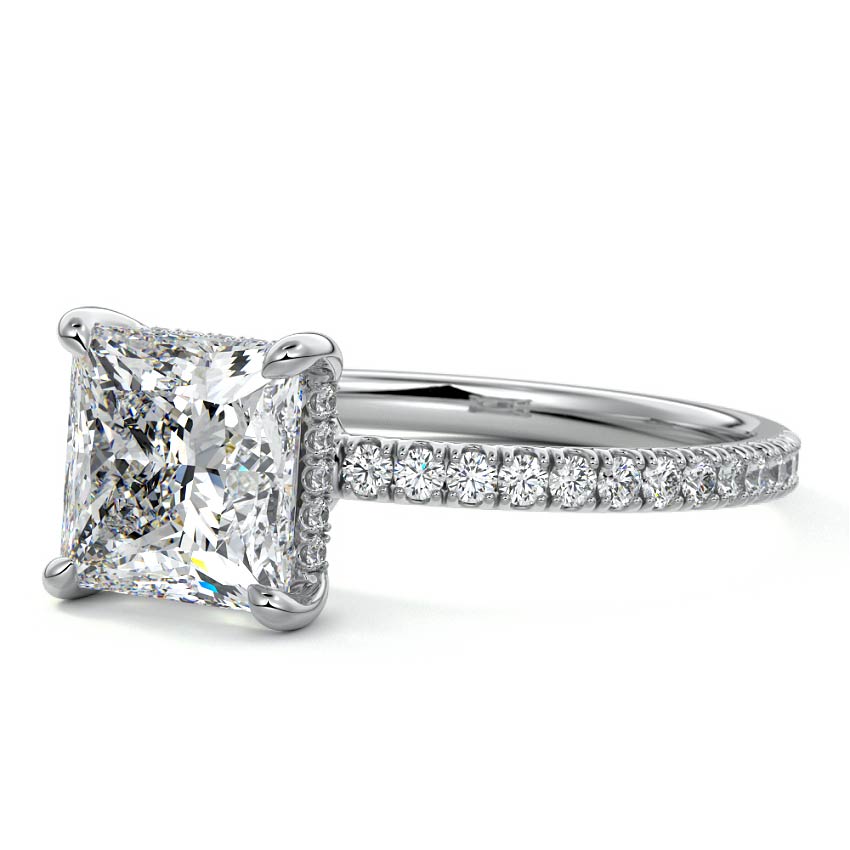Platinum Princess Diamond Engagement Ring with Pavé Band and Hidden Halo