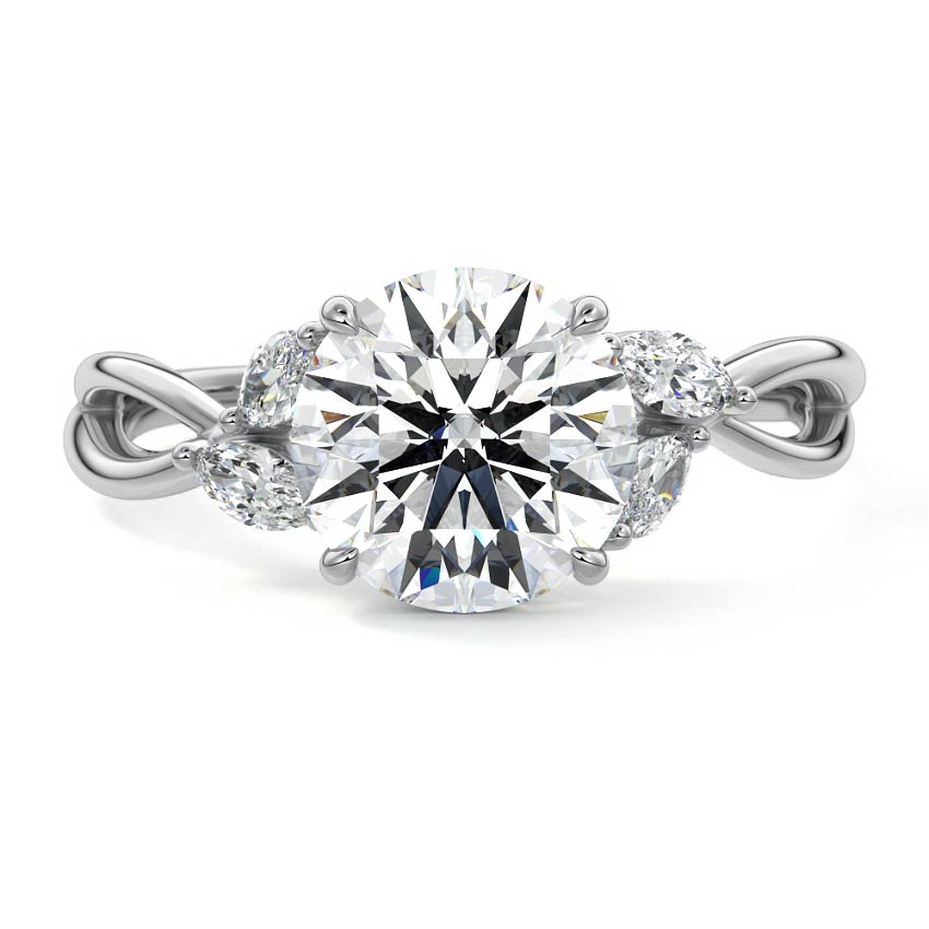 White gold Round Diamond Engagement Ring with Marquise Side Stones and Twisted Band