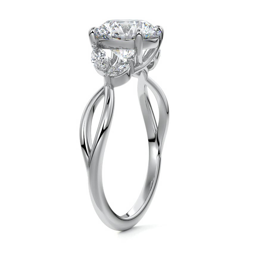 White gold Round Diamond Engagement Ring with Marquise Side Stones and Twisted Band