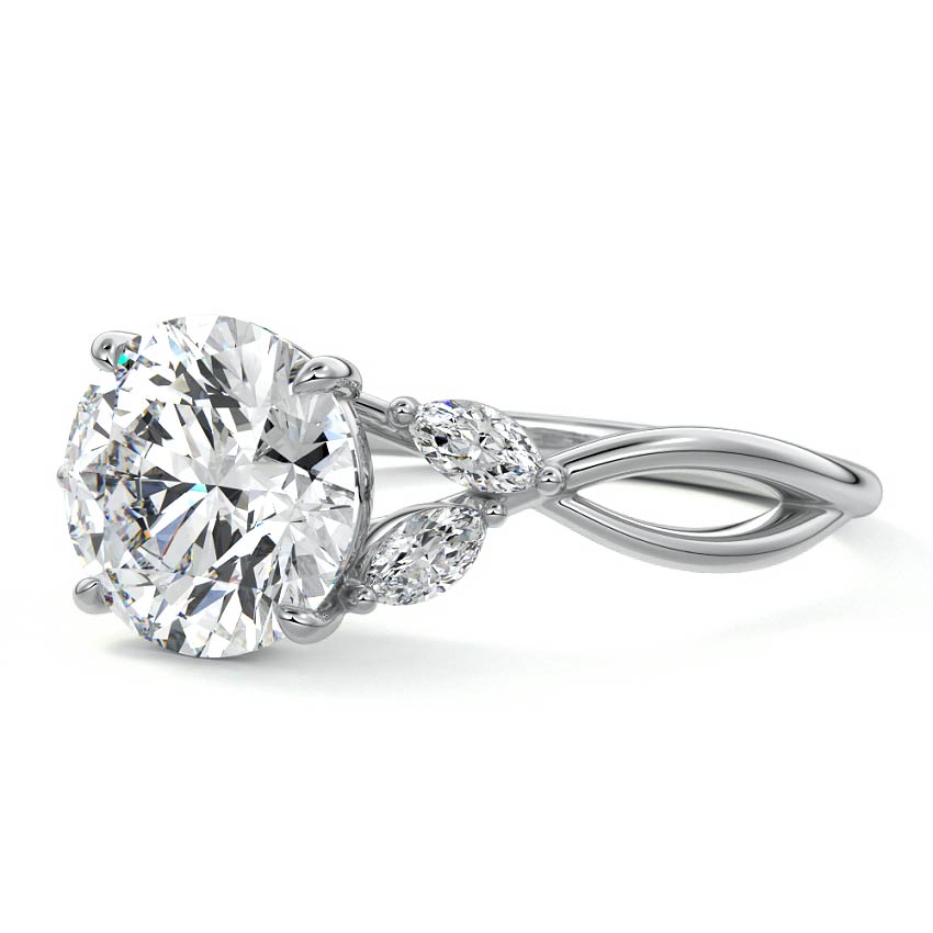 White gold Round Diamond Engagement Ring with Marquise Side Stones and Twisted Band