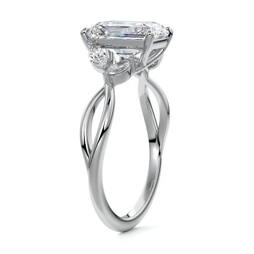 White gold Radiant Diamond Engagement Ring with Marquise Side Stones and Twisted Band