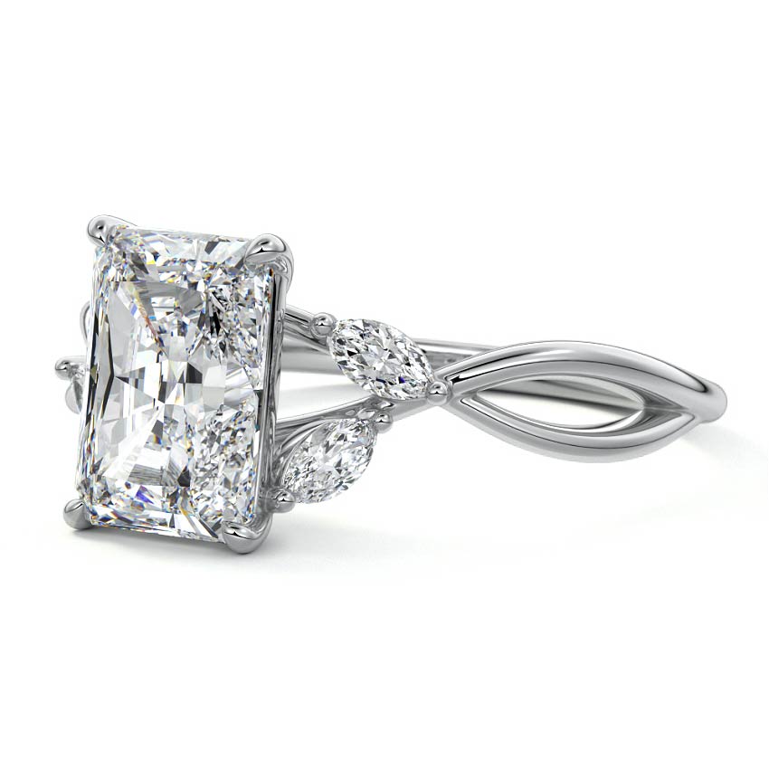 White gold Radiant Diamond Engagement Ring with Marquise Side Stones and Twisted Band