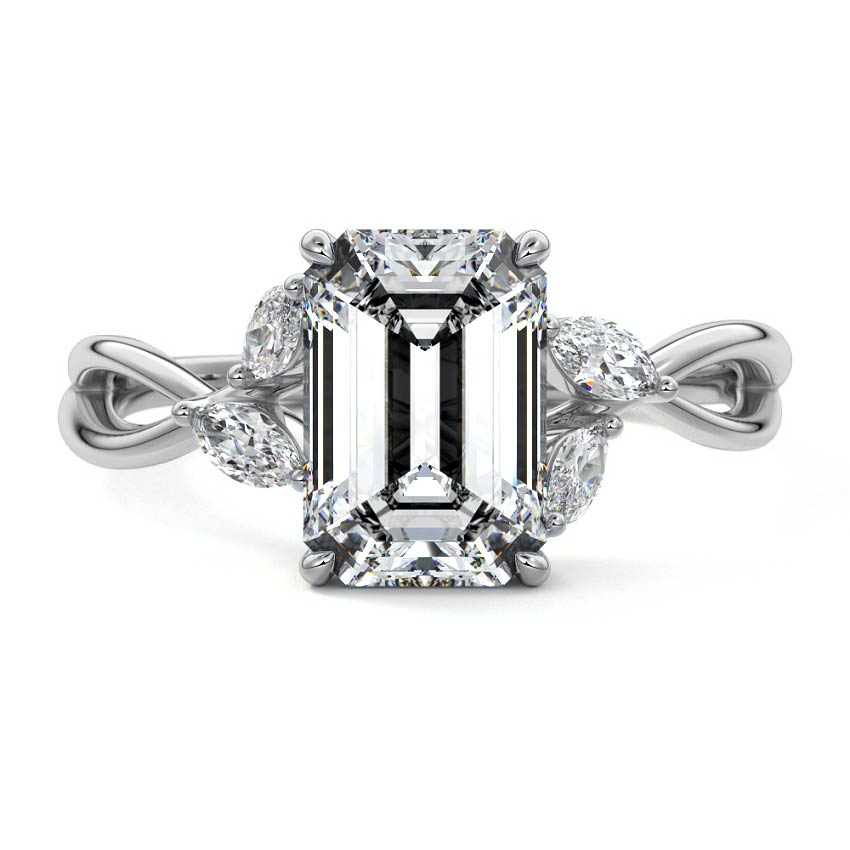 White gold Emerald Diamond Engagement Ring with Marquise Side Stones and Twisted Band