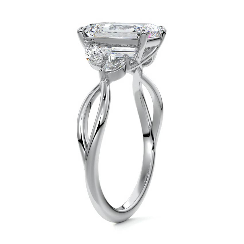 White gold Emerald Diamond Engagement Ring with Marquise Side Stones and Twisted Band