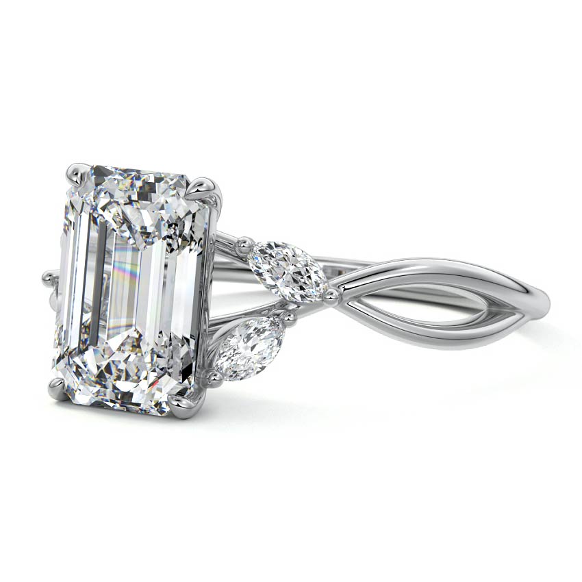 White gold Emerald Diamond Engagement Ring with Marquise Side Stones and Twisted Band
