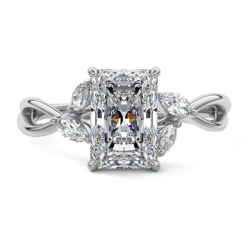 Silver Radiant Diamond Engagement Ring with Marquise Side Stones and Twisted Band