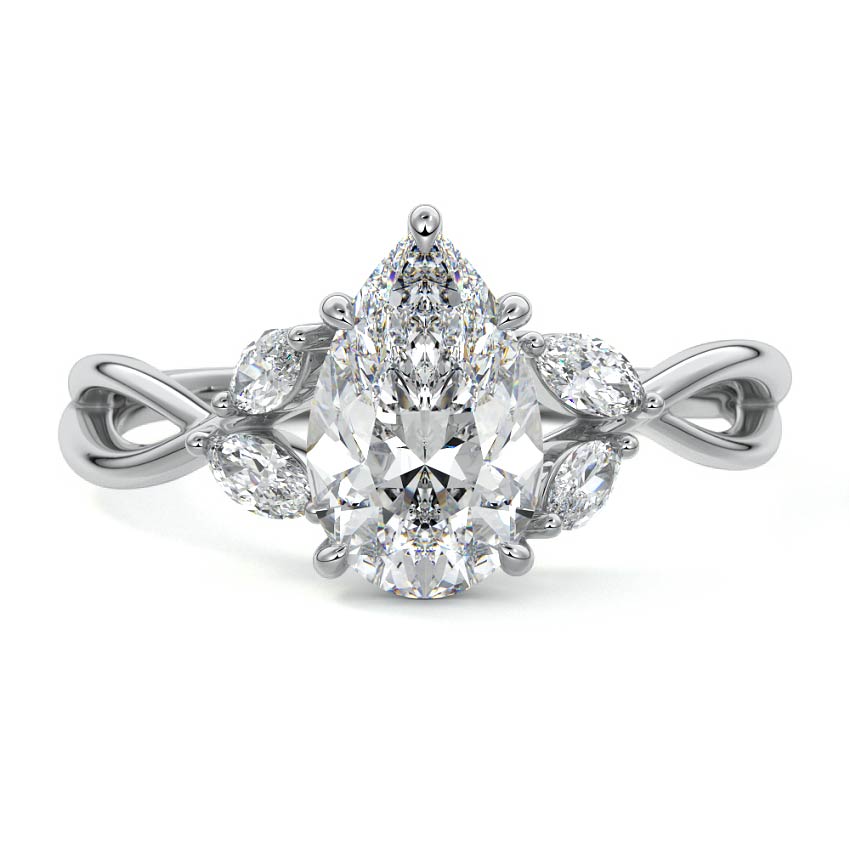 Silver Pear Diamond Engagement Ring with Marquise Side Stones and Twisted Band