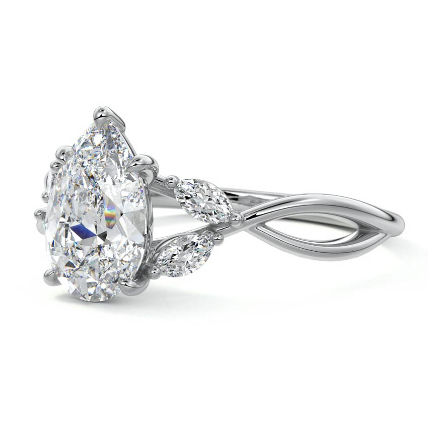Platinum Pear Diamond Engagement Ring with Marquise Side Stones and Twisted Band