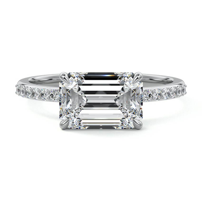 White gold Emerald Diamond Solitaire Engagement Ring with Pavé Shank