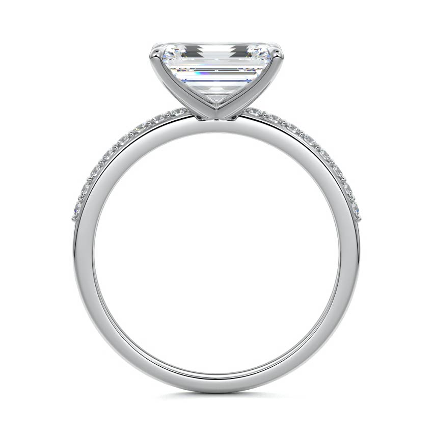 White gold Emerald Diamond Solitaire Engagement Ring with Pavé Shank