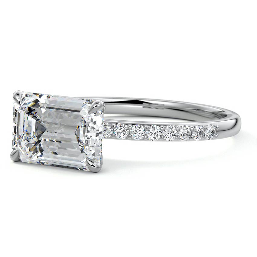 White gold Emerald Diamond Solitaire Engagement Ring with Pavé Shank