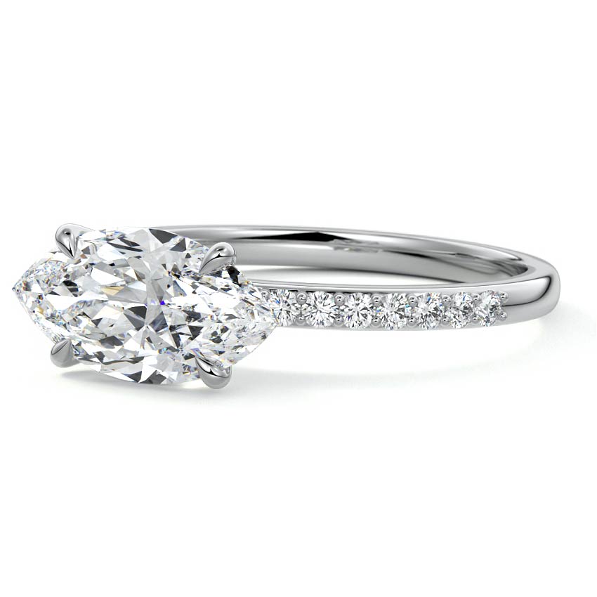 Silver Marquise Diamond Solitaire Engagement Ring with Pavé Shank