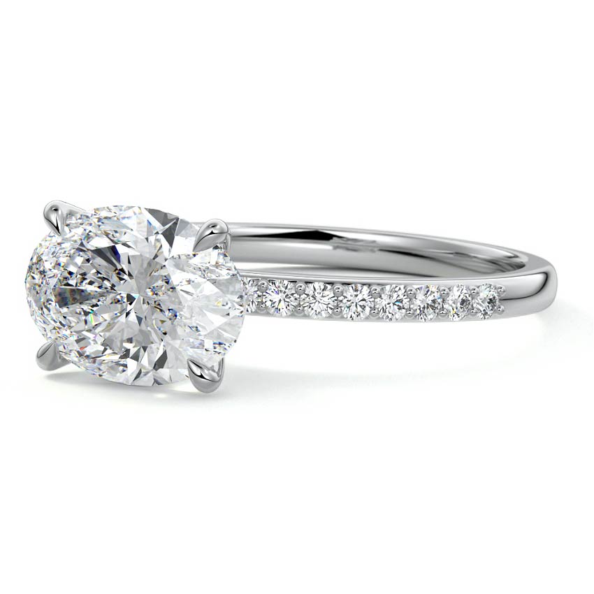 Silver Oval Diamond Solitaire Engagement Ring with Pavé Shank