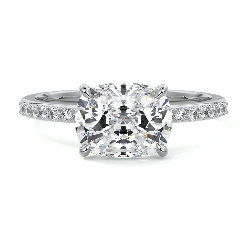 Silver Cushion Diamond Solitaire Engagement Ring with Pavé Shank