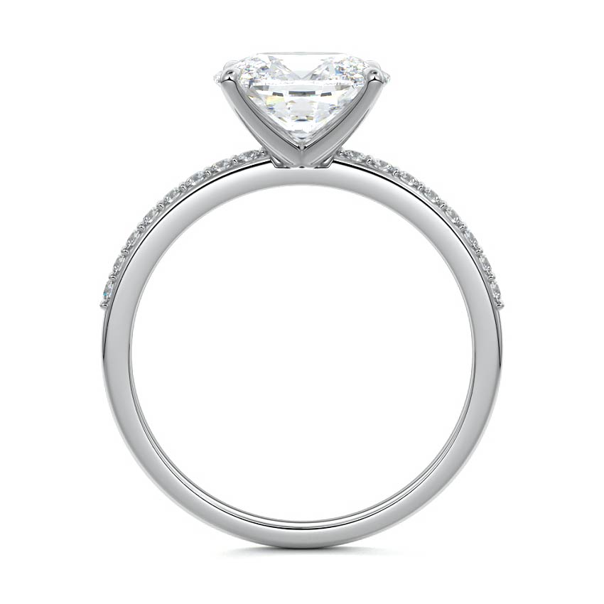Silver Cushion Diamond Solitaire Engagement Ring with Pavé Shank