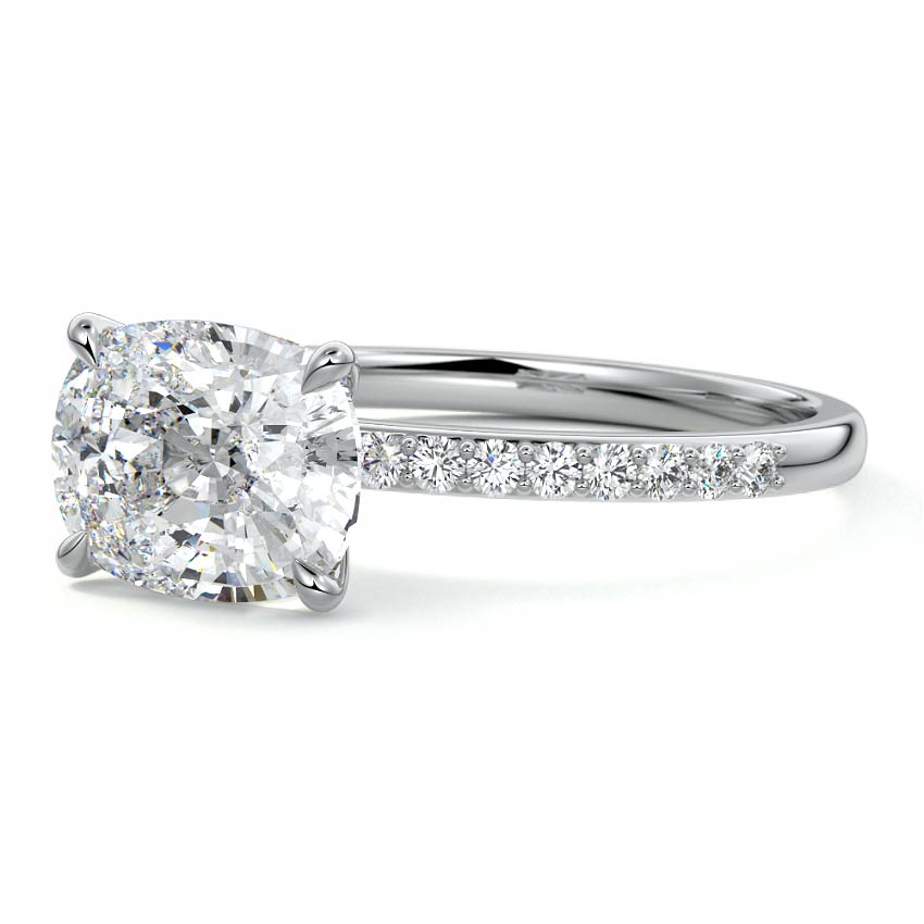 Silver Cushion Diamond Solitaire Engagement Ring with Pavé Shank