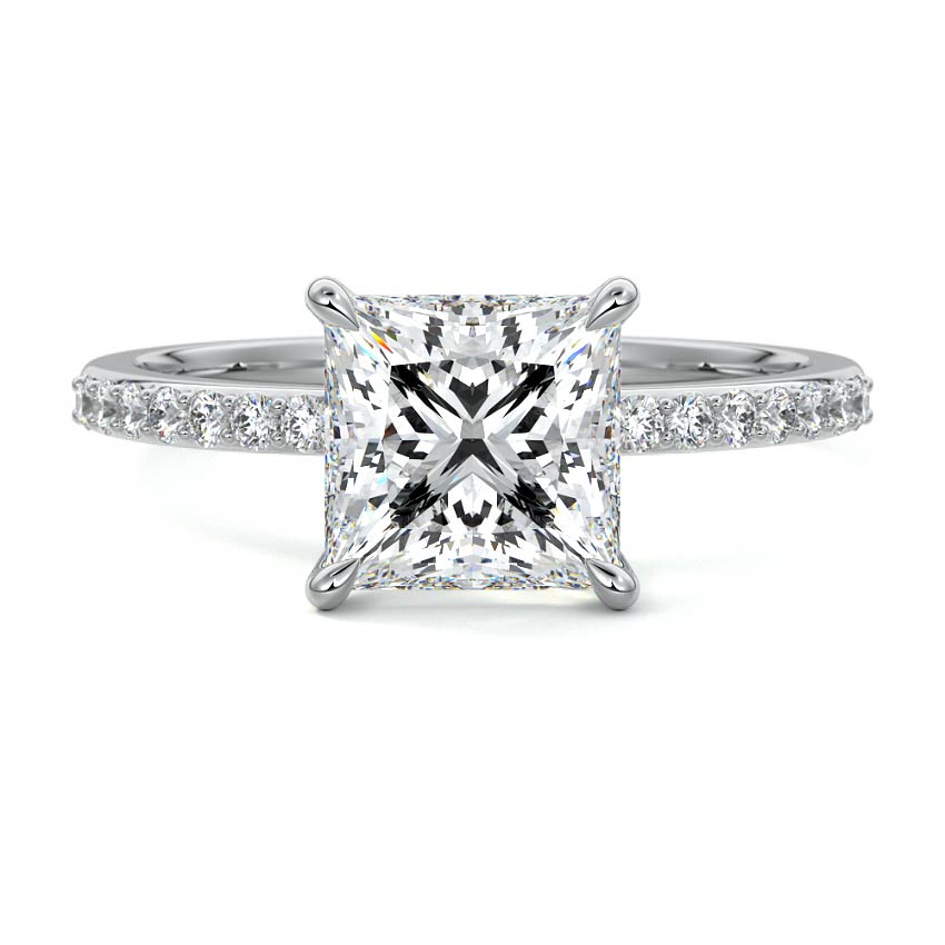 Silver Princess Diamond Solitaire Engagement Ring with Pavé Shank