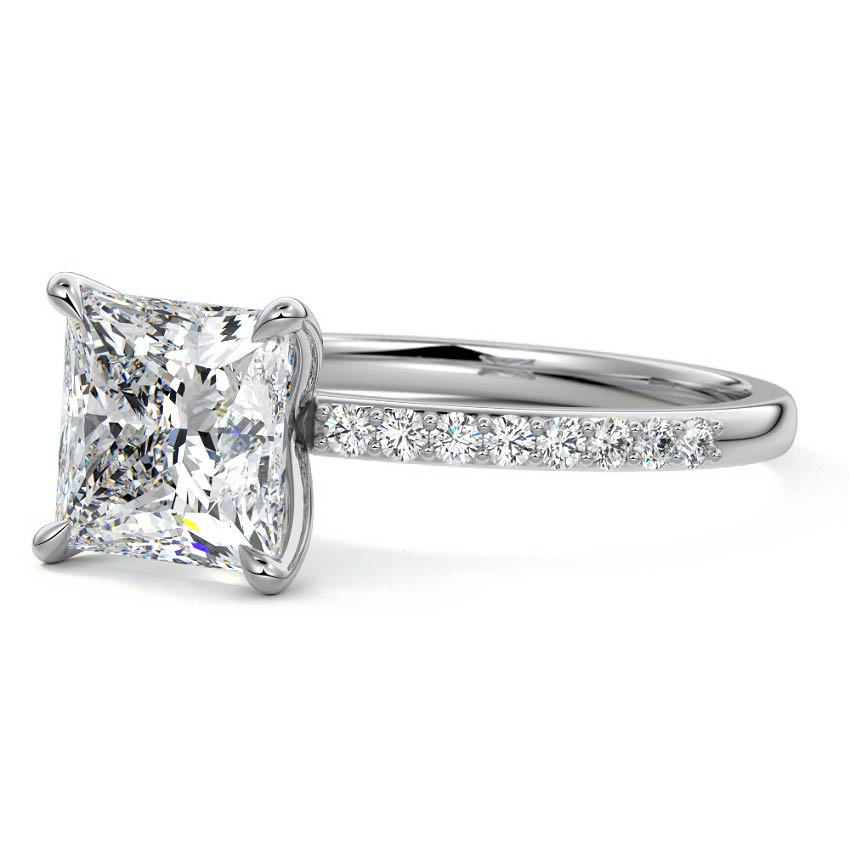Silver Princess Diamond Solitaire Engagement Ring with Pavé Shank