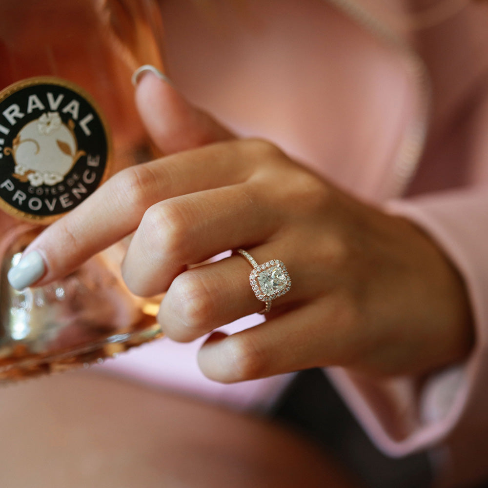 Rose gold Cushion Diamond Double Halo Engagement Ring with Pave Band